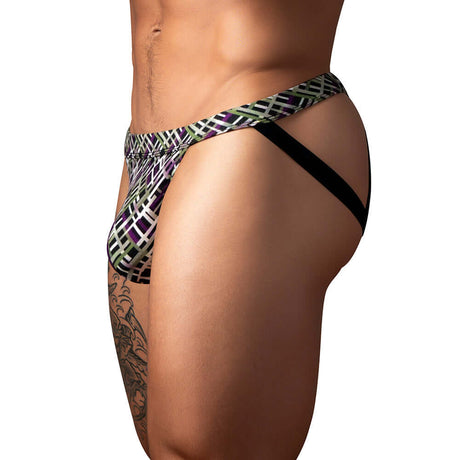 Male Power Gridlock D Jock With Strap Print L XL worn by a model showcasing its geometric design and supportive fit.
