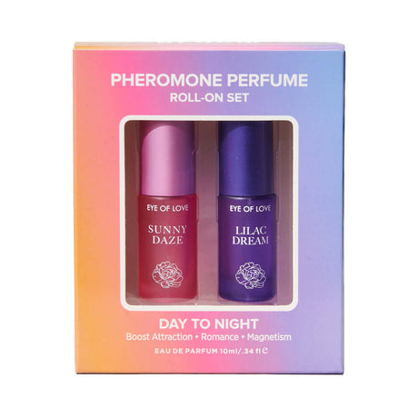 Eye of Love Pheromone Perfume Roll-On Set packaging featuring Sunny Daze and Lilac Dream fragrances.