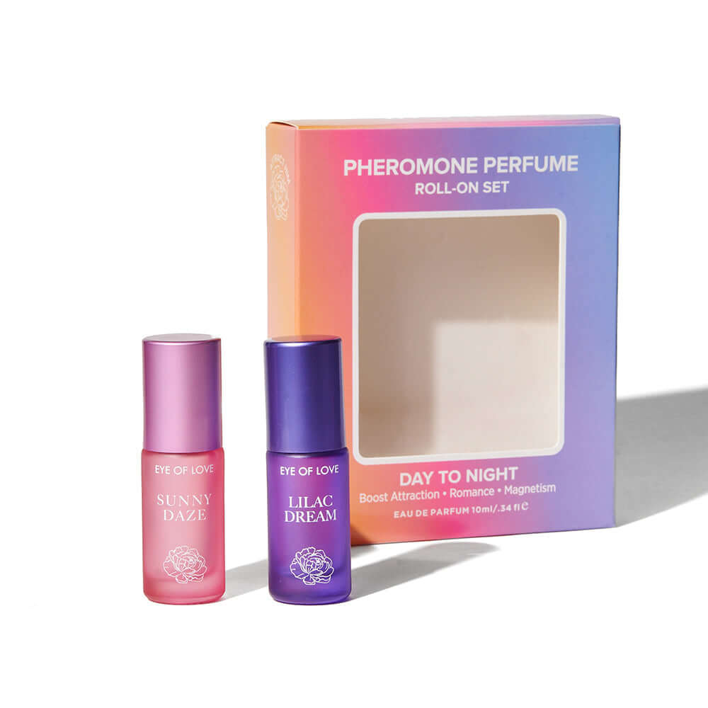 Eye of Love Pheromone Perfume Roll-On Set featuring SUNNY DAZE and LILAC DREAM fragrances in elegant packaging.