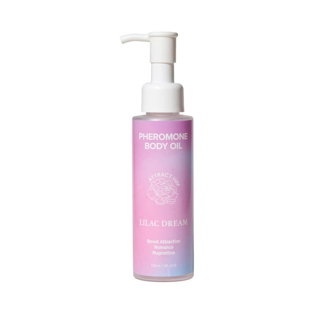 Eye of Love Pheromone Body Oil 4 Oz Pump Lilac Dream in a stylish bottle with a pump.