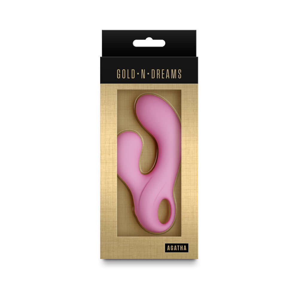 Gold-n-Dreams Agatha Rabbit Vibrator Rose Quartz packaging featuring a pink dual-stimulation design.