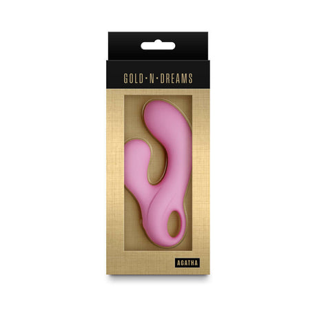 Gold-n-Dreams Agatha Rabbit Vibrator Rose Quartz packaging featuring a pink dual-stimulation design.