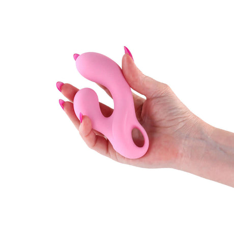 Gold-n-Dreams Agatha Rabbit Vibrator Rose Quartz held in a hand, showcasing its elegant design and dual-stimulation features.