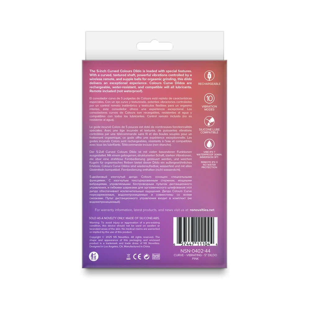 Back packaging of Colours Curve Vibrating 5 inch Dildo Pink showing features and instructions.