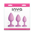 INYA Triple Ace Plug Kit Blush set of three silicone anal plugs in packaging with actual size label