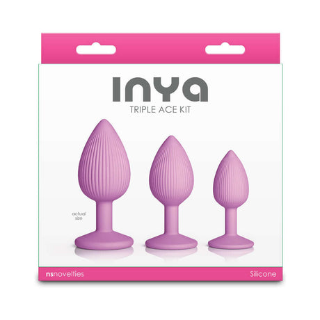 INYA Triple Ace Plug Kit Blush set of three silicone anal plugs in packaging with actual size label