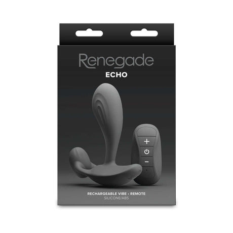 Renegade Echo Prostate Massager Black packaging with remote control, showcasing sleek design and powerful features.