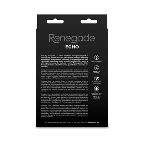 Back packaging of the Renegade Echo Prostate Massager Black showcasing product features and specifications.