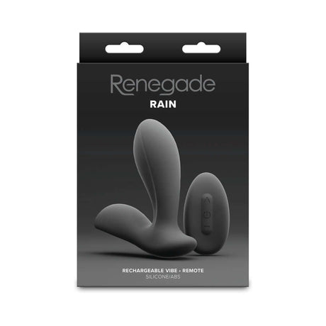 Renegade Rain Prostate Massager with Remote Control Black packaging featuring a sleek silicone design.