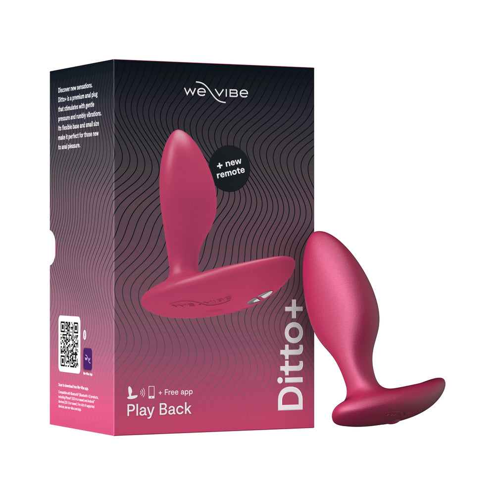 We-Vibe Ditto Plus Remote Control Vibrating Anal Plug Pink with packaging showing app capabilities and design.