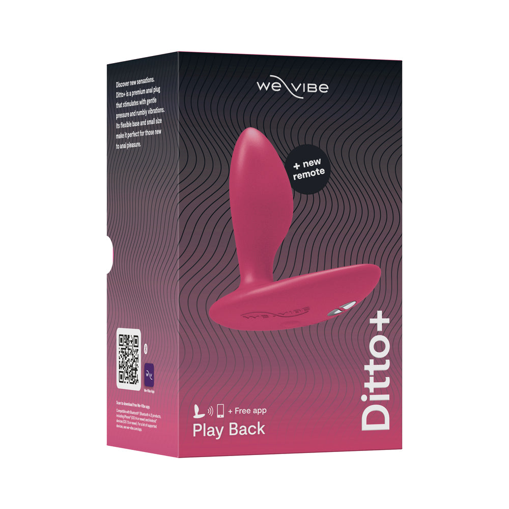We-Vibe Ditto Plus Remote Control Vibrating Anal Plug Pink packaging with app access and new remote features.