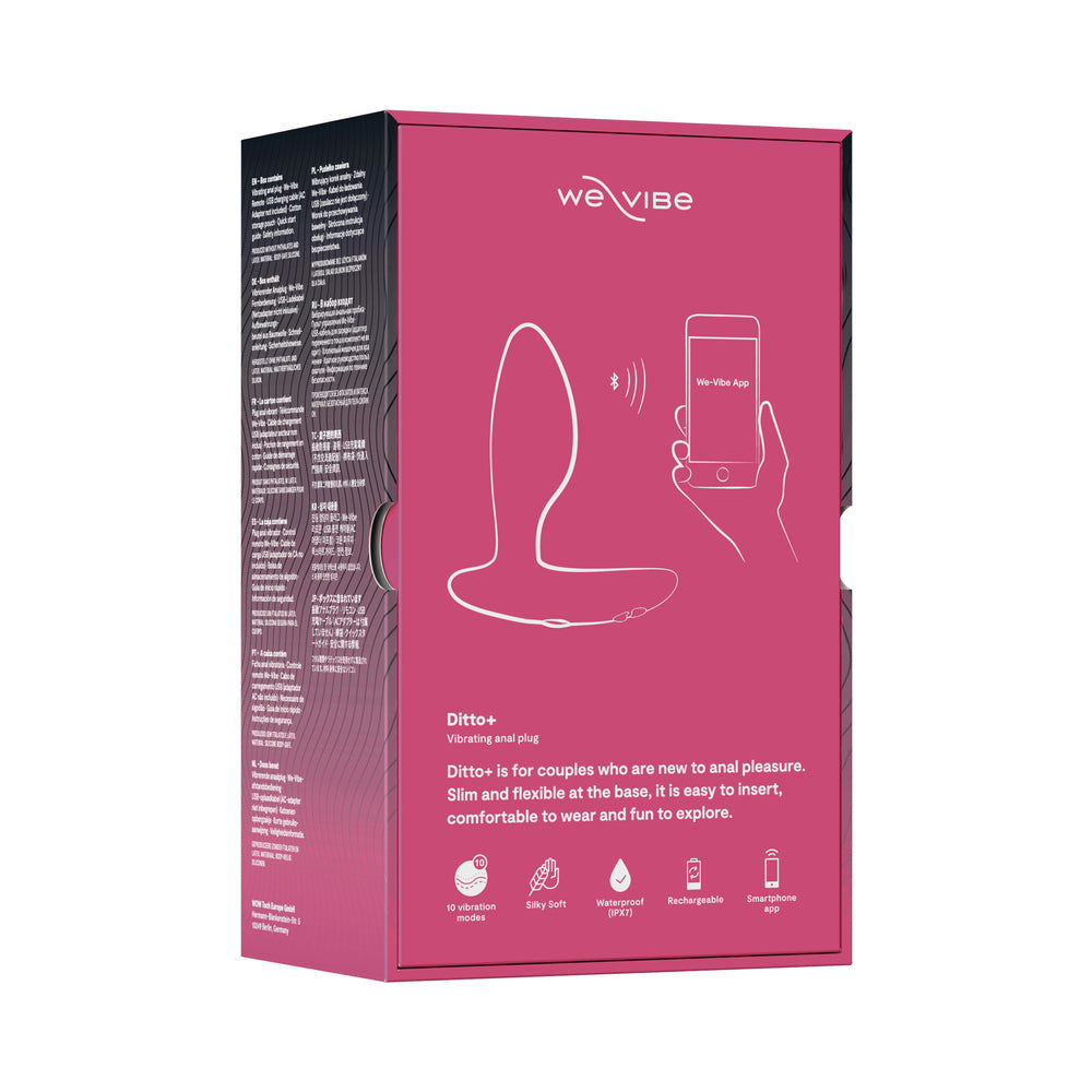 We-Vibe Ditto Plus Remote Control Vibrating Anal Plug Pink packaging displaying features and remote functionality.