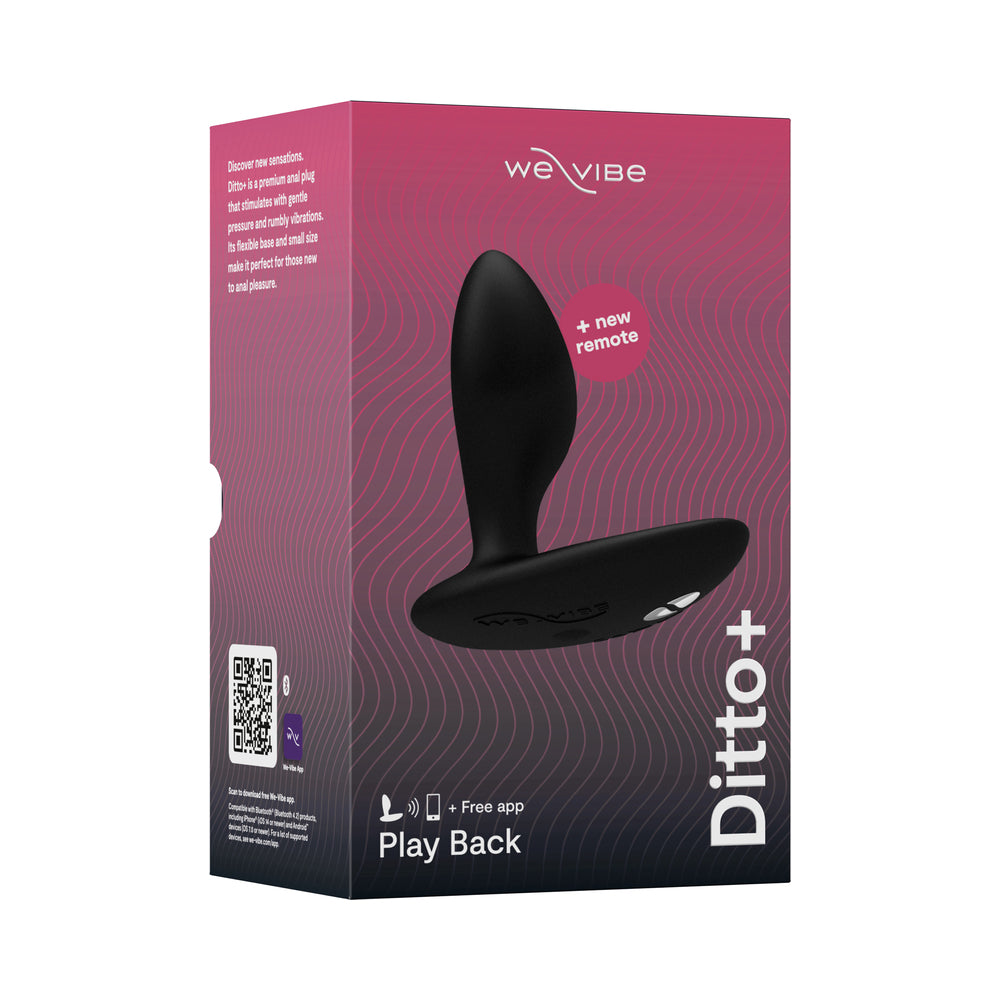 We-Vibe Ditto Plus Remote Control Vibrating Anal Plug Black packaging with remote control and app information.
