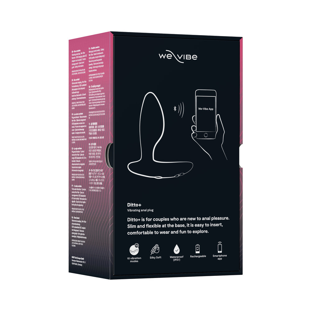 We-Vibe Ditto Plus Remote Control Vibrating Anal Plug Black packaging with app instructions and product details.