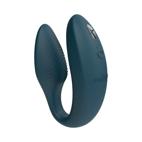 We-Vibe Sync 2 Remote Control Couples Vibrator Green Velvet side view with textured design and control buttons.