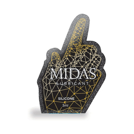 Midas Silicone Lube 3 ml Pouch in a unique hand-shaped package with a black and gold design.