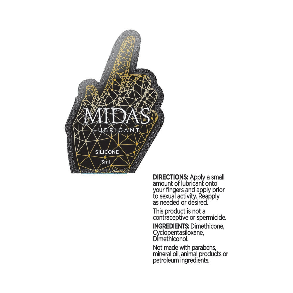 Midas Silicone Lube 3 ml Pouch with directions and ingredients for premium lubrication.