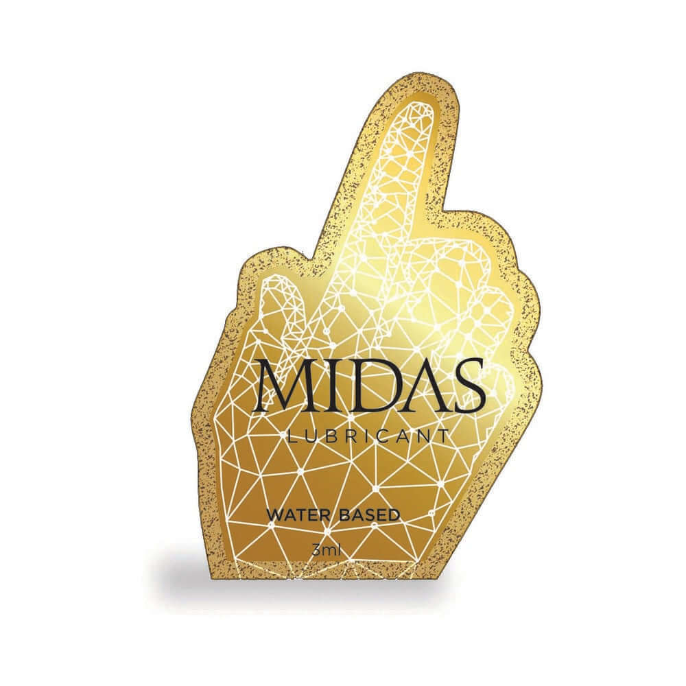 Midas Waterbased Lube 3 ml Pouch packaging with elegant gold design and brand logo.