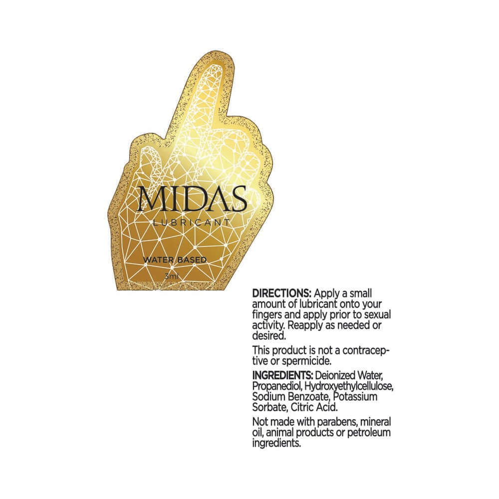 Midas Waterbased Lube 3 ml Pouch packaging and ingredient details on a gold hand-shaped design.