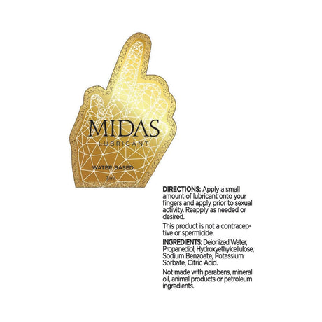 Midas Waterbased Lube 3 ml Pouch packaging and ingredient details on a gold hand-shaped design.