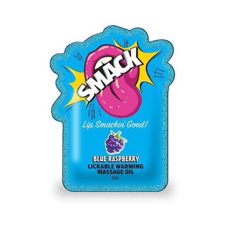 Smack Lickable Massage Oil 3 ml Pouch Blue Raspberry, featuring vibrant packaging and flavor for pleasurable experiences.