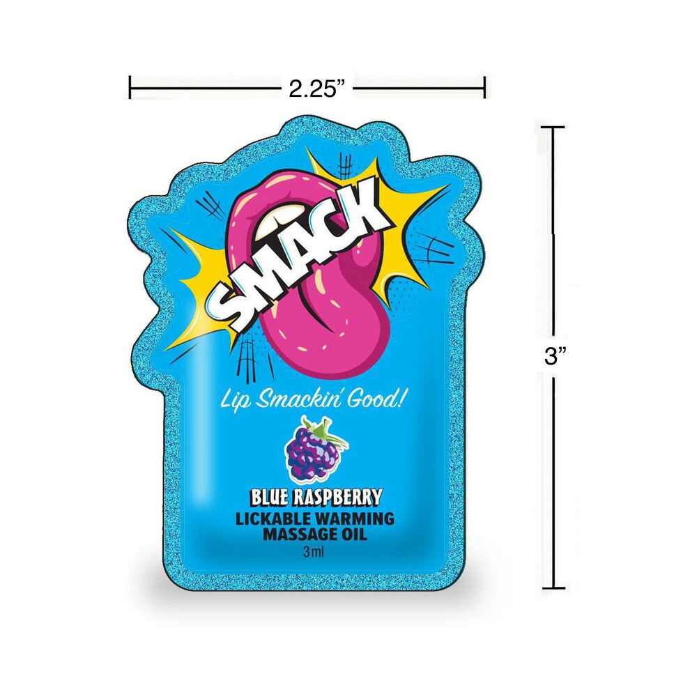 Smack Lickable Massage Oil 3 ml Pouch Blue Raspberry packaging featuring vibrant design and dimensions.