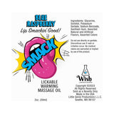 Smack Lickable Massage Oil 3 ml Pouch Blue Raspberry product label with ingredients and usage info.