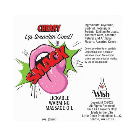 Smack Lickable Massage Oil 3 ml Pouch Cherry label showing ingredients and product details.