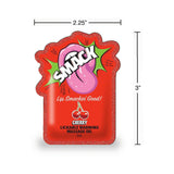 Smack Lickable Massage Oil 3 ml Pouch Cherry packaging with dimensions, featuring a cherry flavor and a colorful label.