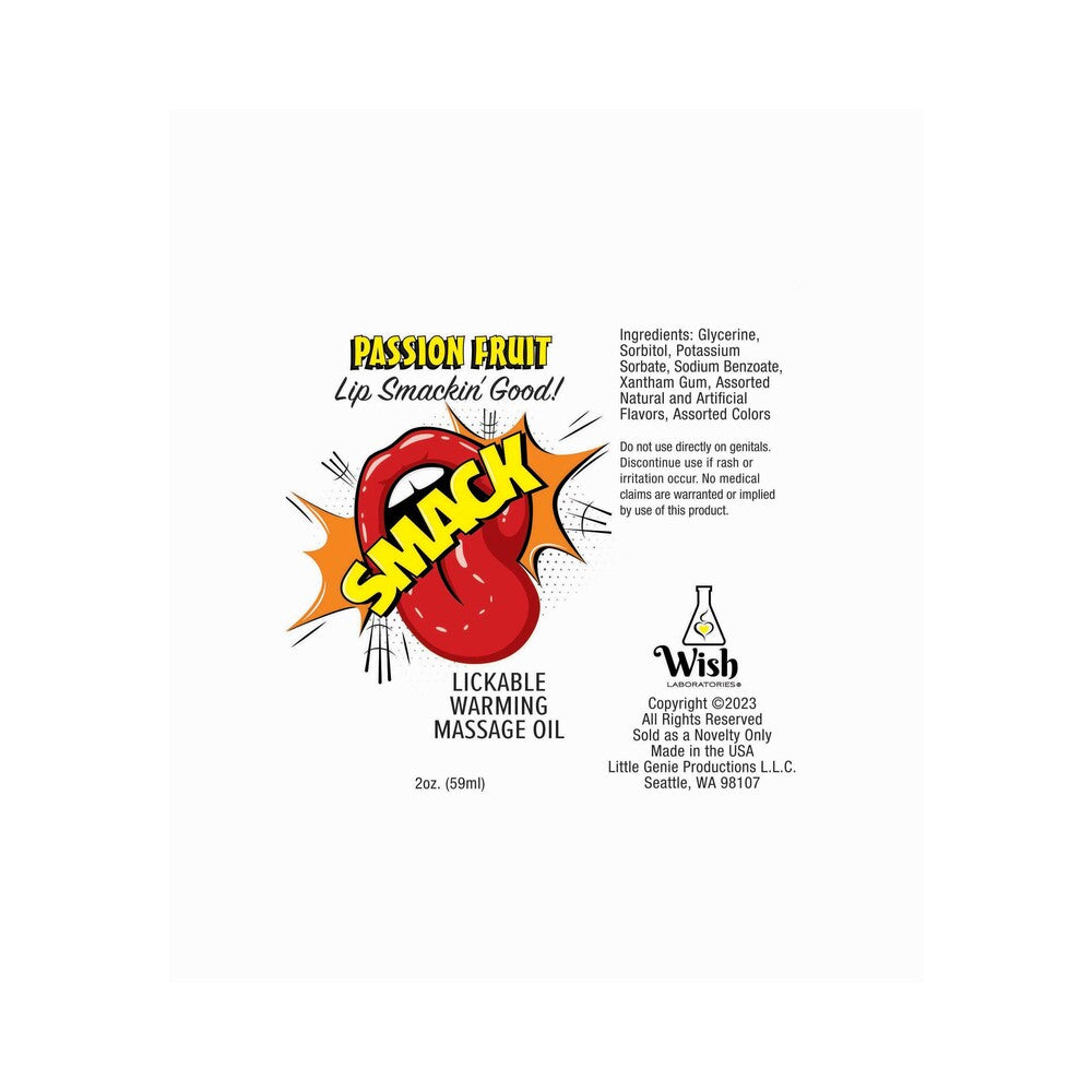 Smack Lickable Massage Oil 3 ml Pouch Passion Fruit label featuring vibrant design and ingredient details.