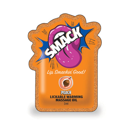 Smack Lickable Massage Oil 3 ml Pouch Peach featuring vibrant packaging and playful design, showcasing its peach flavor.