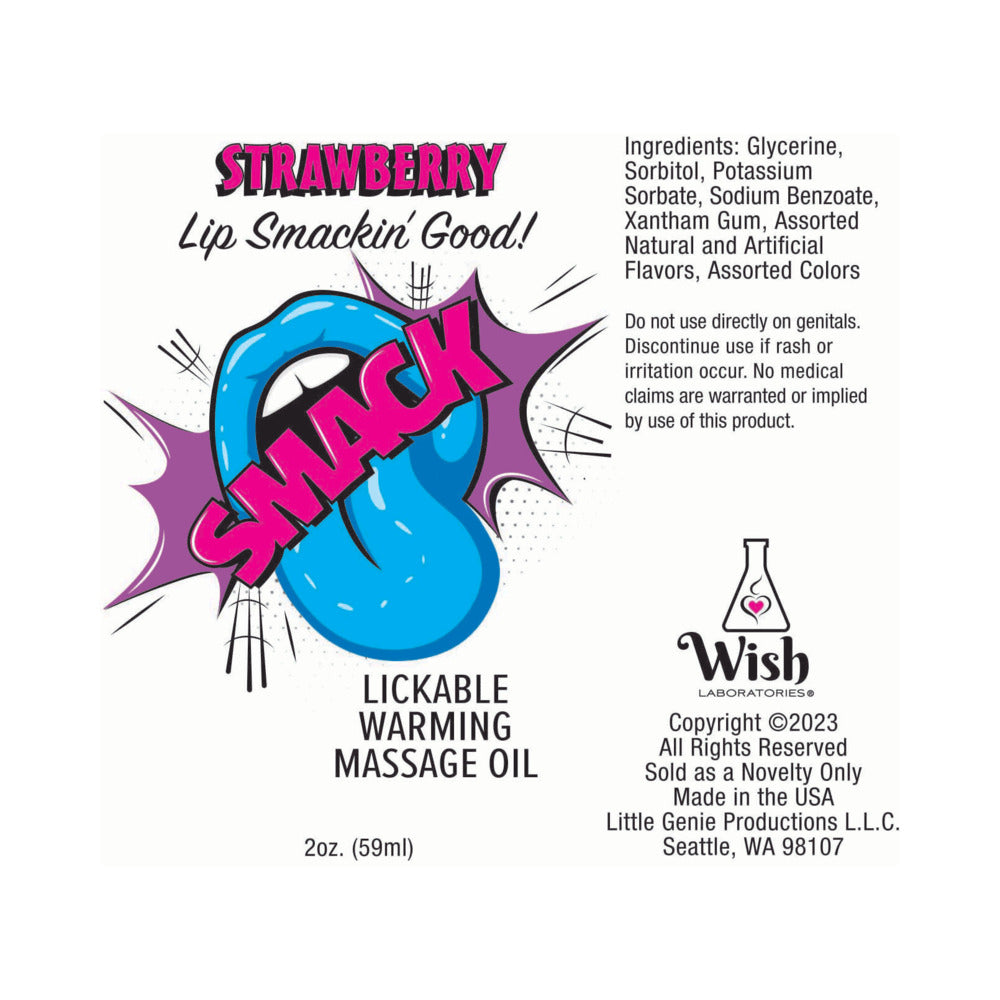Smack Lickable Massage Oil 3 ml Pouch Strawberry label with ingredients and fun design.
