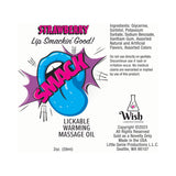 Smack Lickable Massage Oil 3 ml Pouch Strawberry label with ingredients and fun design.