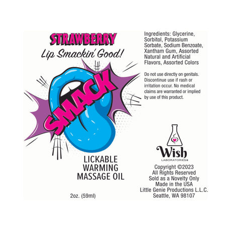 Smack Lickable Massage Oil 3 ml Pouch Strawberry label with ingredients and fun design.