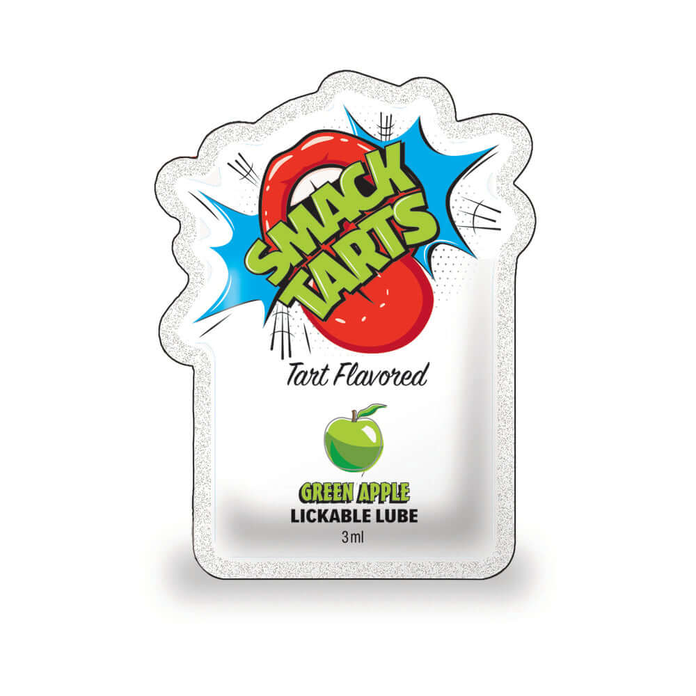 Smack Tarts Lickable Lube Sour Green Apple 3 ml Pouch with vibrant packaging and green apple logo.