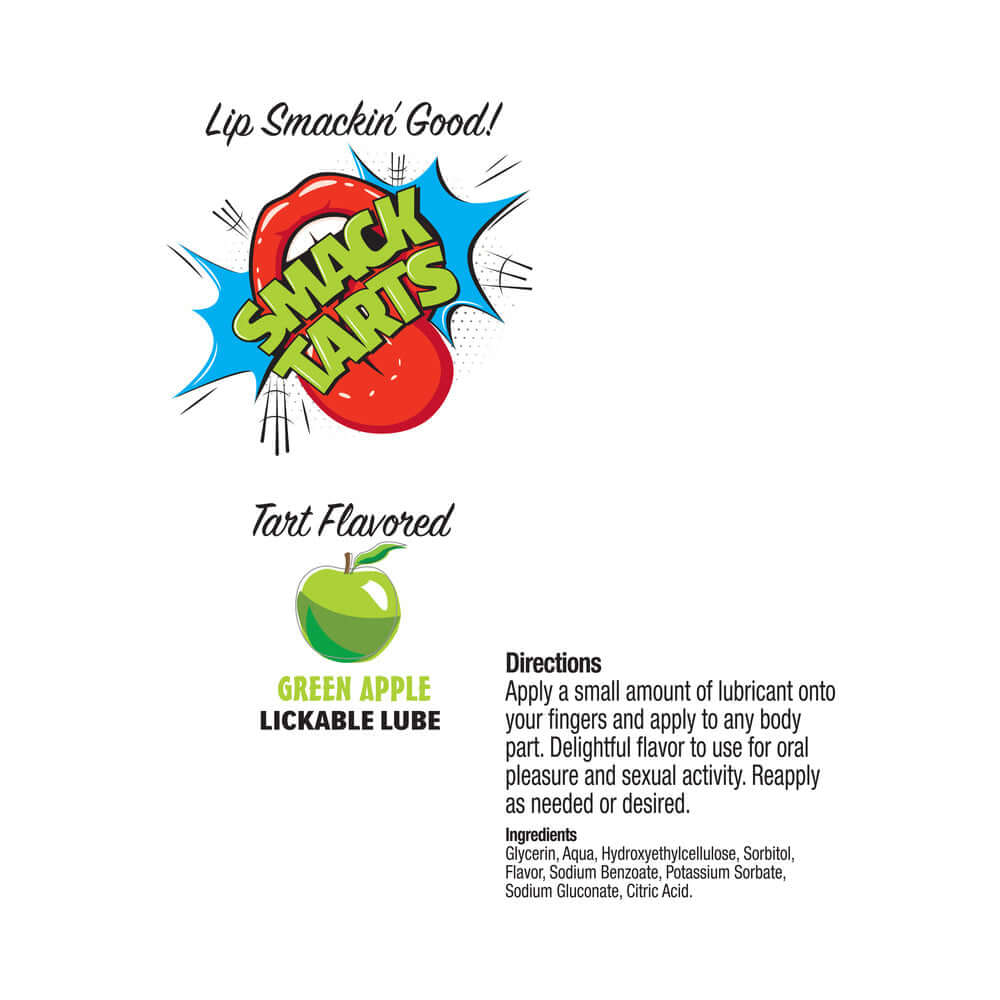 Smack Tarts Lickable Lube Sour Green Apple 2 Oz packaging with directions and flavor description.