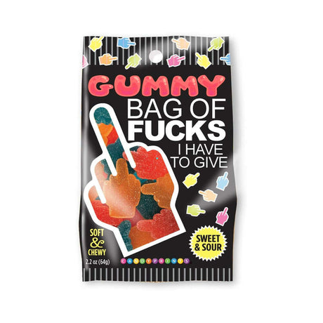 Bag of Fucks I Have To Give Sour Gummies package featuring colorful gummy shapes and humorous design.