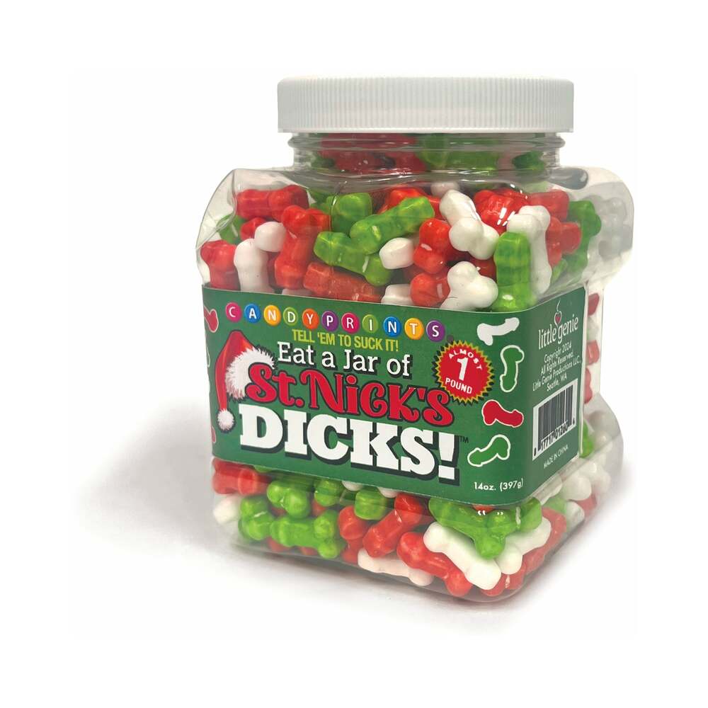 Eat A Jar of St Nicks Dicks Candies 1 lb Jar filled with festive red, white, and green penis-shaped candies.
