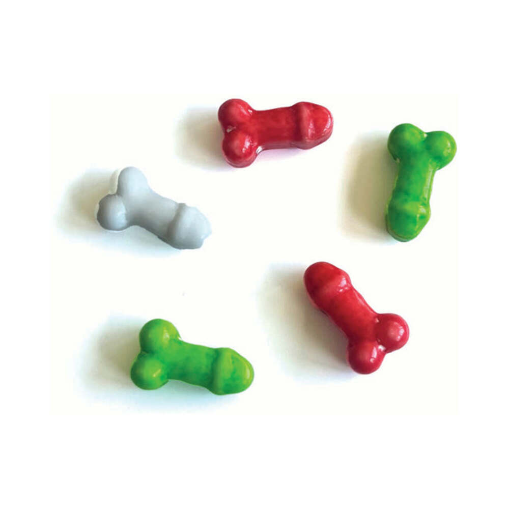 Colorful penis-shaped candies from Eat A Jar of St Nicks Dicks Candies 1 lb Jar, perfect for festive celebrations.