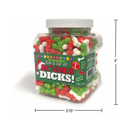 Eat A Jar of St Nicks Dicks Candies 1 lb Jar filled with festive red, white, and green penis-shaped candies.