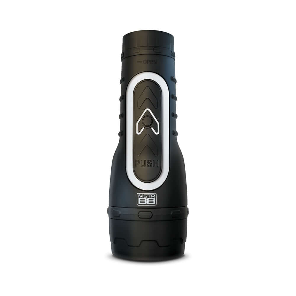 MSTR B8 Goon & Grip Vibrating Pressure Play Stroker in sleek black design with push button.