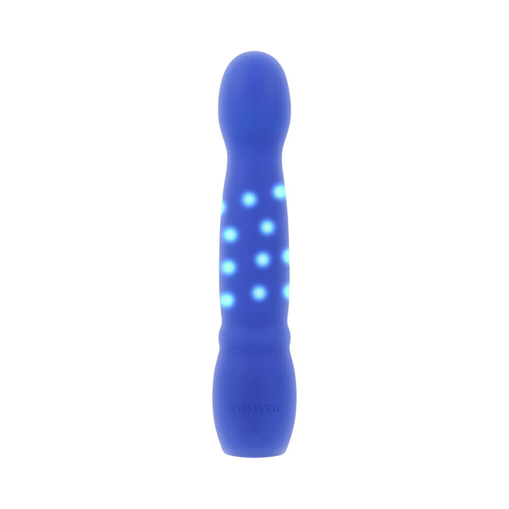 Evolved Disco Diva Blue Internal and Clitoral Stimulation vibrator with glowing blue lights and smooth design.