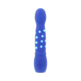 Evolved Disco Diva Blue Internal and Clitoral Stimulation vibrator with glowing blue lights and smooth design.