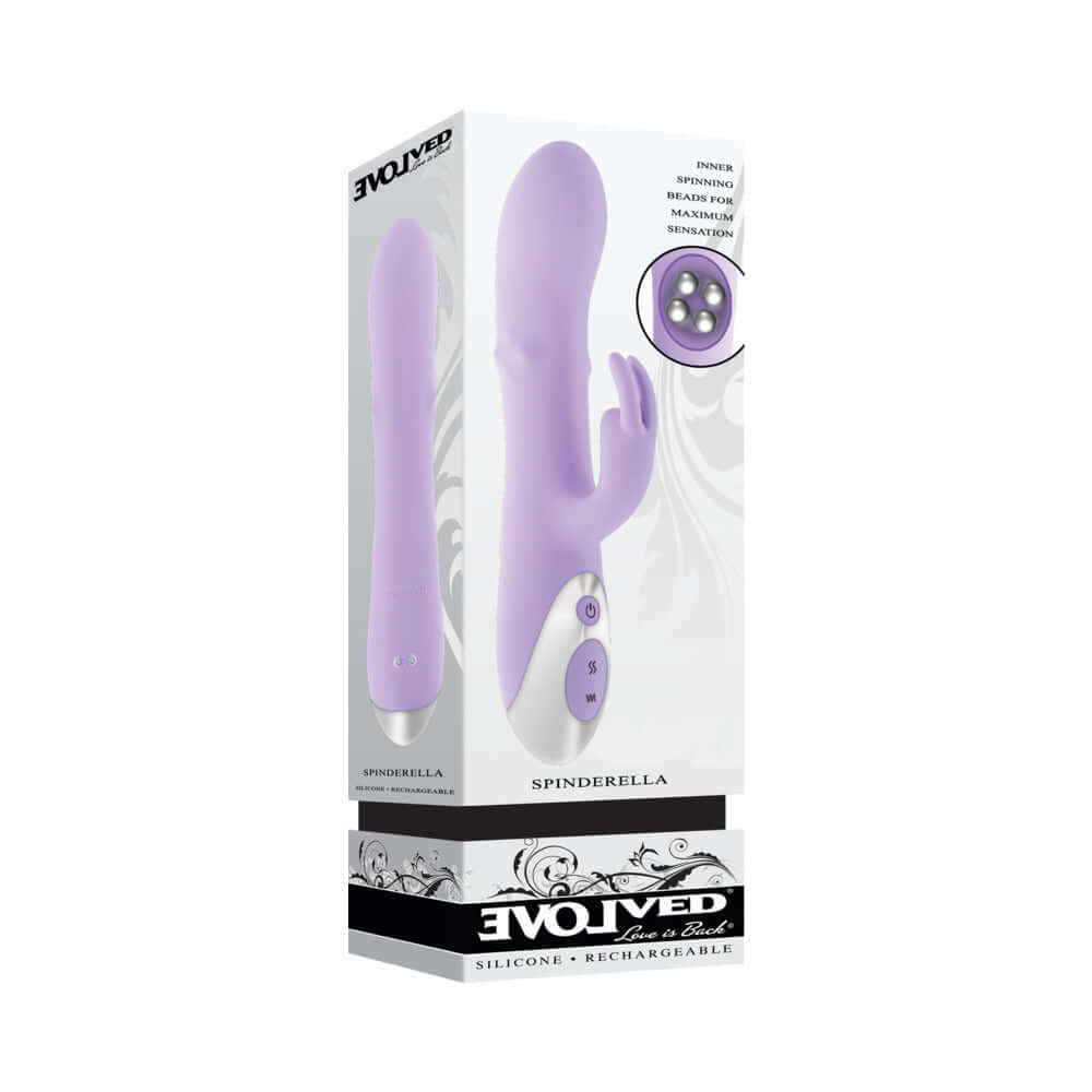 Spinderella Rechargeable Silicone Rabbit Vibrator Purple packaging showcasing its sleek design and features.