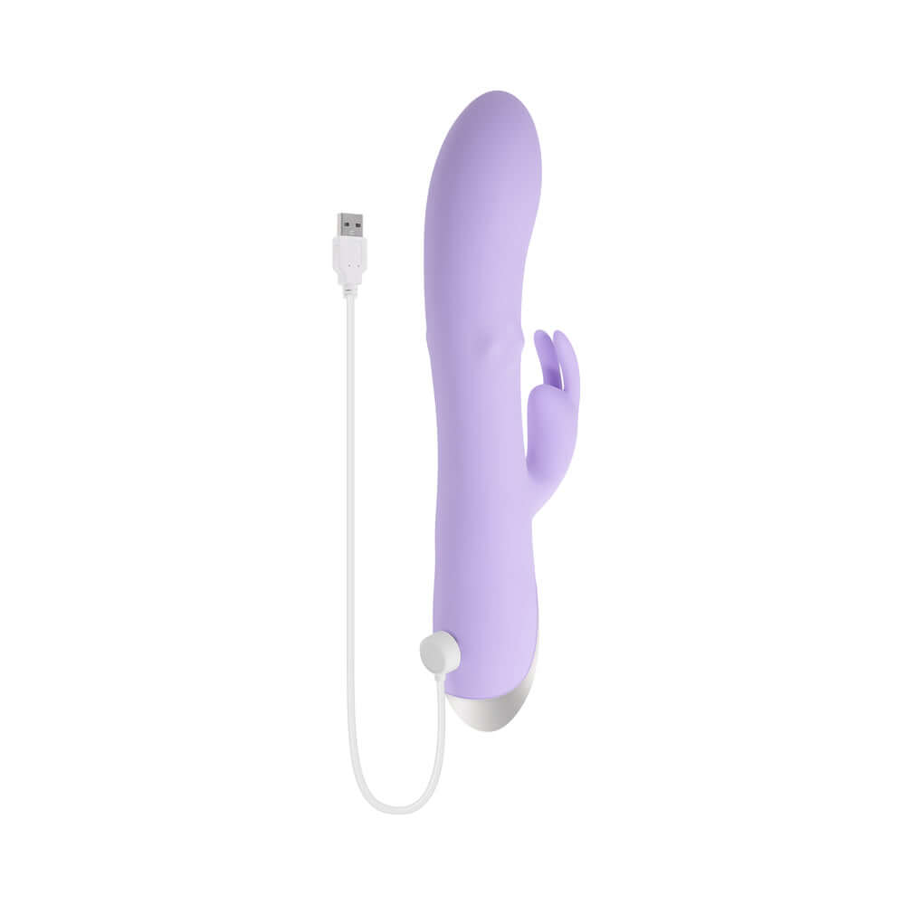 Spinderella Rechargeable Silicone Rabbit Vibrator Purple with USB charging cable, featuring dual stimulation and vibrant color.
