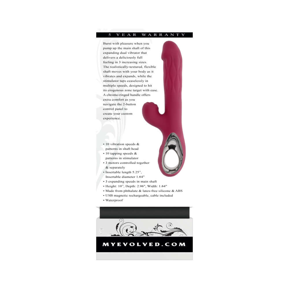 Evolved Bursting With Pleasure Vibrator Burgundy displayed with details on features, warranty, and specifications.