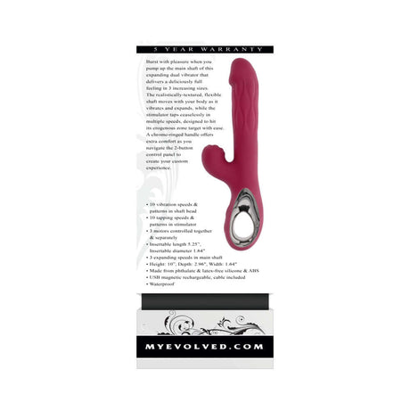 Evolved Bursting With Pleasure Vibrator Burgundy displayed with details on features, warranty, and specifications.