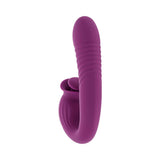 Evolved Deep Ecstasy Wild Aster G-spot Clitoral Stimulation vibrator in purple with ribbed shaft and clitoral stimulator.