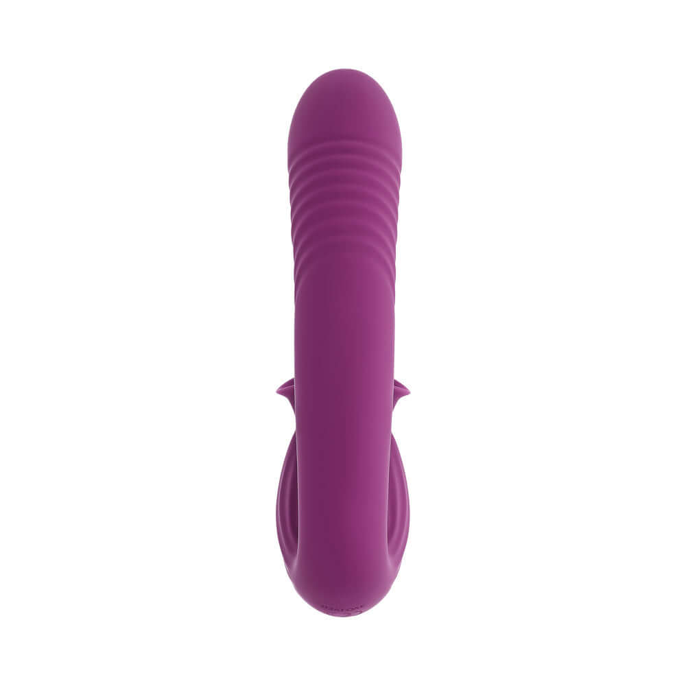 Evolved Deep Ecstasy Wild Aster G-spot Clitoral Stimulation vibrator in purple with ribbed shaft and clitoral stimulator.