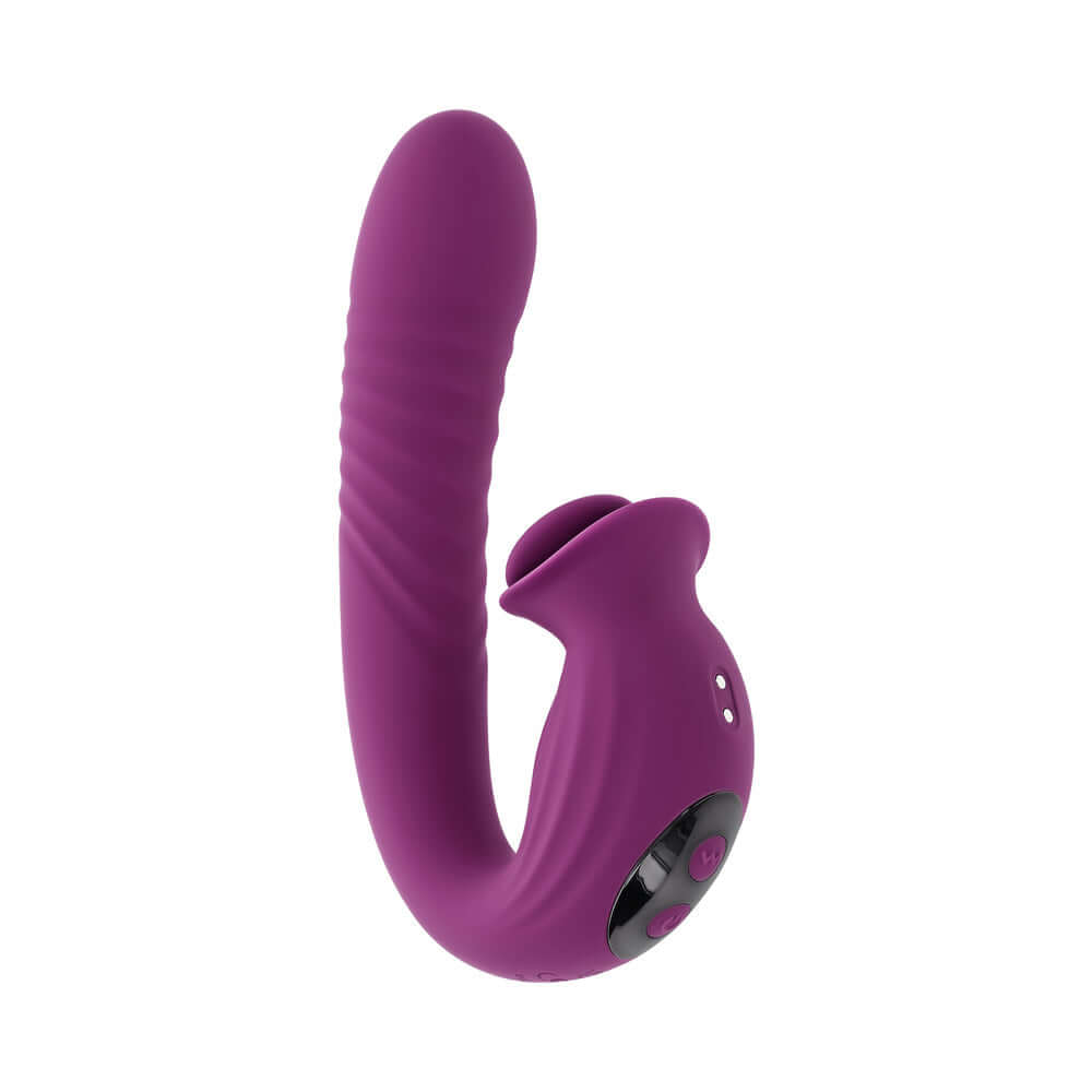 Evolved Deep Ecstasy Wild Aster G-spot Clitoral Stimulation vibrator in purple with ribbed shaft and clitoral stimulator.